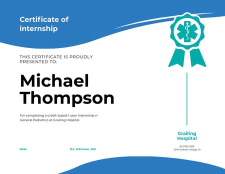 Szablon projektu Medical Program Internship in blue Certificate