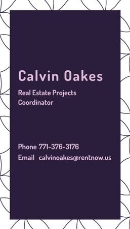 Szablon projektu Real Estate Coordinator Ad with Geometric Pattern in Purple Business Card US Vertical