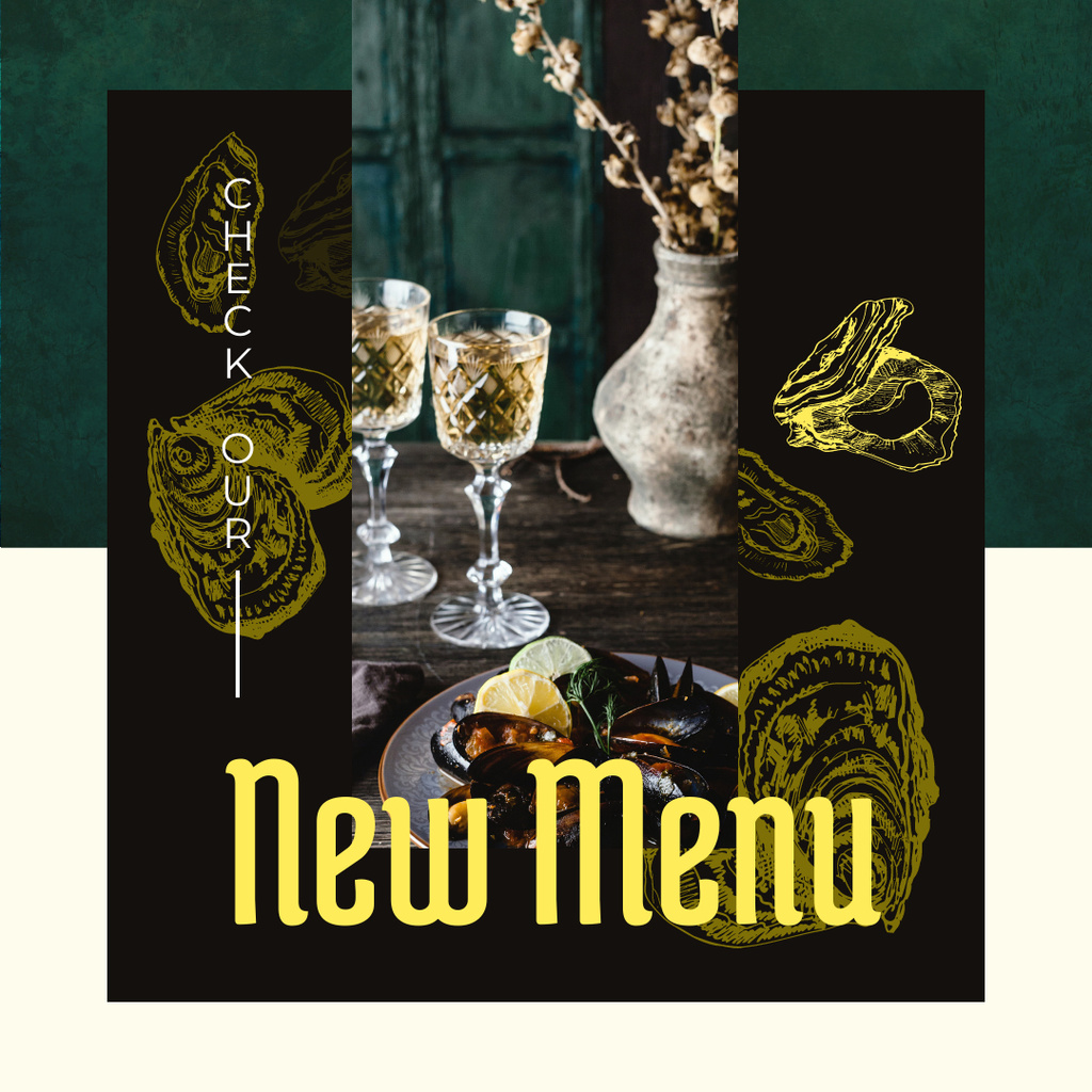 New Menu Ad with Served cooked mussels Instagram Modelo de Design