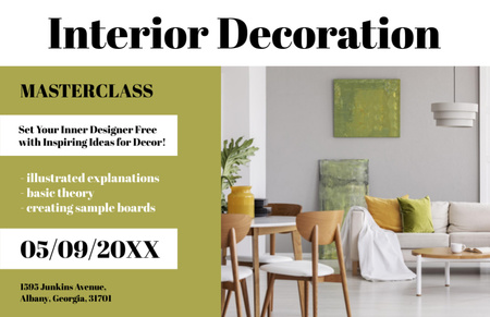 Plantilla de diseño de Interior Decoration Masterclass Ad with Modern Living Room Interior Flyer 5.5x8.5in Horizontal 