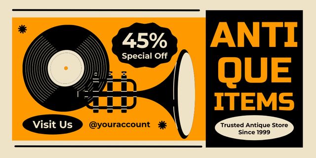 Ontwerpsjabloon van Twitter van Antique Vinyl Records And Trumpet With Discounts