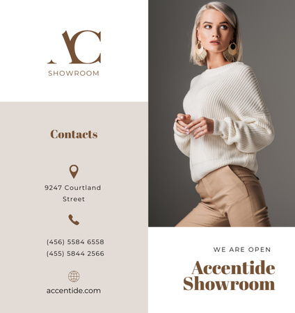 Designvorlage Showroom-Angebot mit Frau in eleganter Kleidung für Brochure Din Large Bi-fold