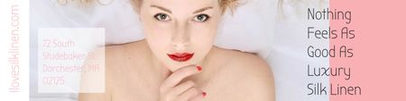 Luxury silk linen Ad with Attractive Woman Twitter Modelo de Design