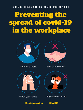 Ontwerpsjabloon van Poster US van Bewustzijn bij het voorkomen van de verspreiding van Covid-19 op de werkplek met illustratie