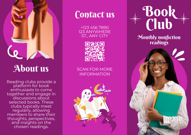 Ontwerpsjabloon van Brochure van Book Club Ad with Smiling Girl Reader