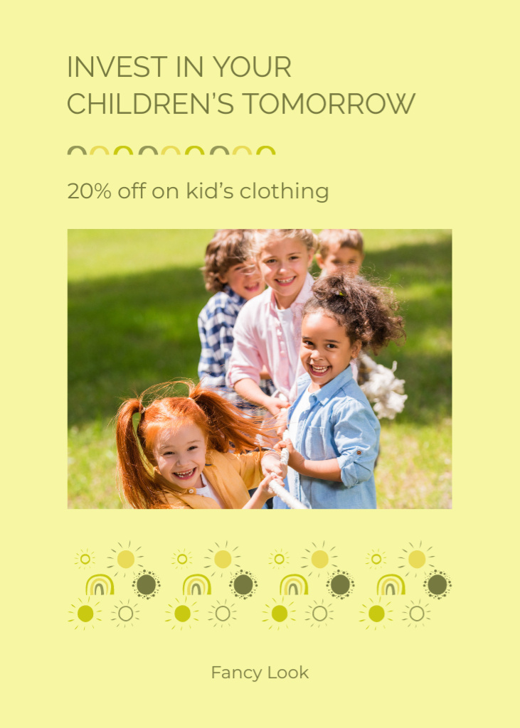 Template di design Children Playing Tug of War for Ad of Clothing Sale Postcard 5x7in Vertical