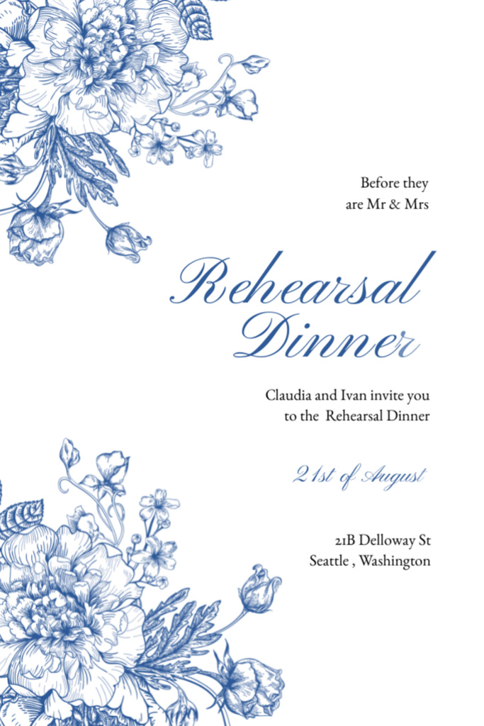 Rehearsal Dinner Announcement with Blue Flowers Invitation 6x9in Design Template