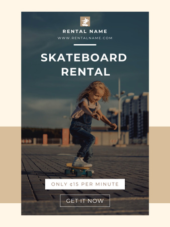 Designvorlage Skateboard-Verleih-Ankündigung mit süßem kleinen Mädchen für Poster US