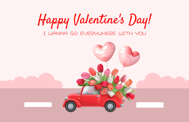 Modèle de visuel Happy Valentine's Day with Retro Car Carrying Tulips - Thank You Card 5.5x8.5in