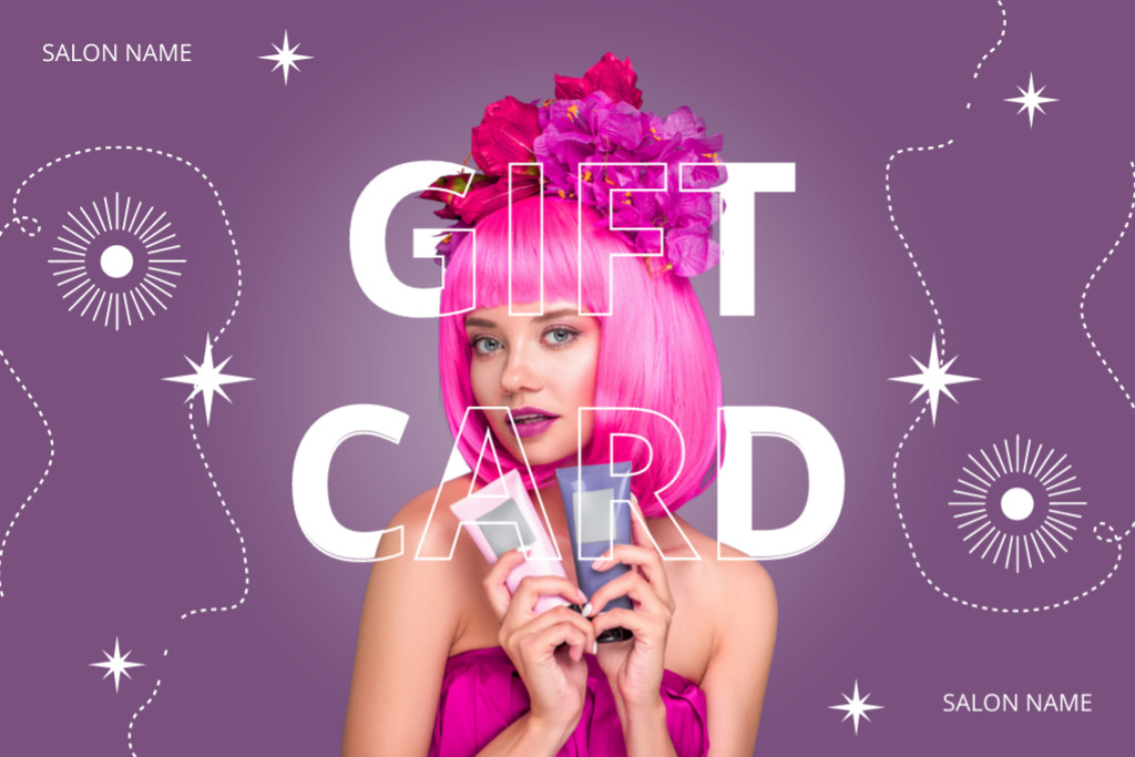 Beauty Salon Ad with Woman with Bright Pink Hairstyle Gift Certificate Design Template