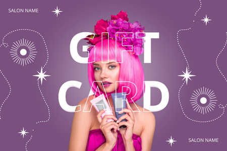 Beauty Salon Ad with Woman with Bright Pink Hairstyle Gift Certificate Design Template