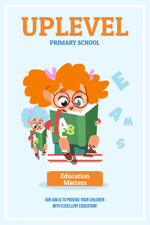 Primary school advertisement with Girl reading Pinterest Modelo de Design