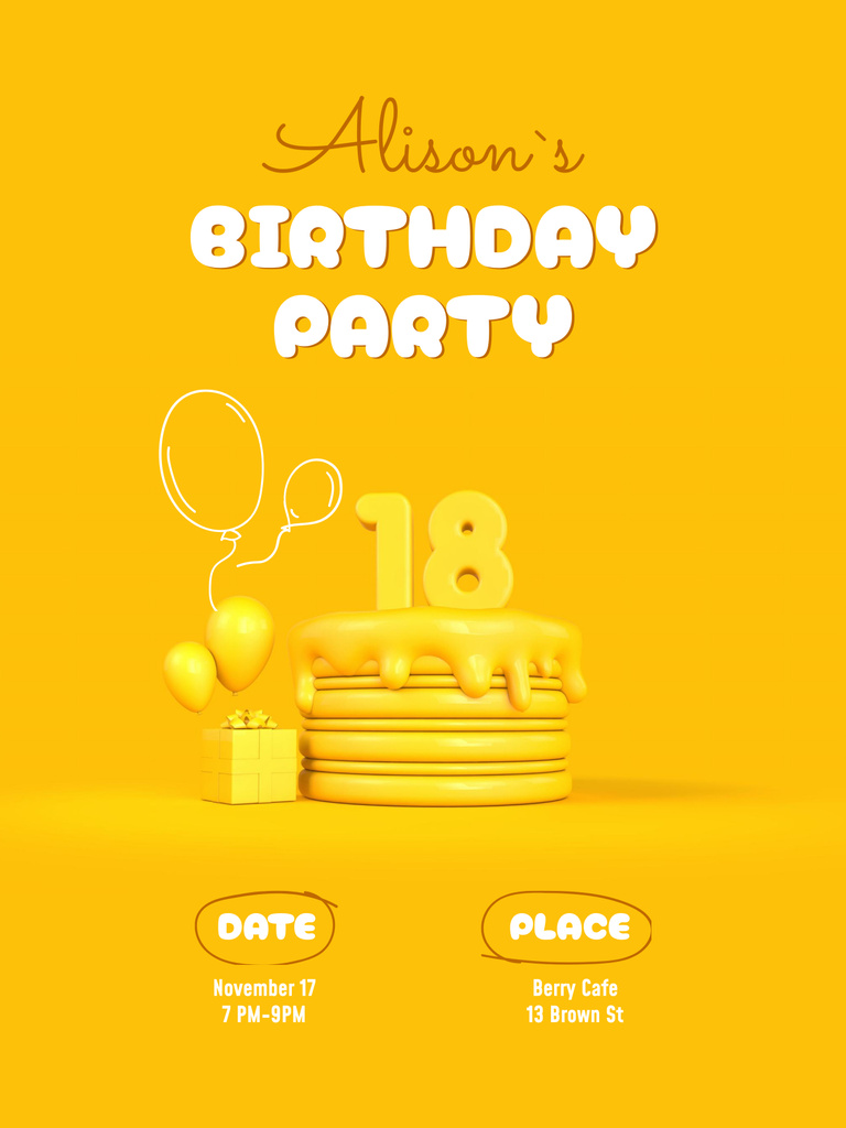 Designvorlage Birthday Party Invitation with 3d Illustration of Cake für Poster 36x48in