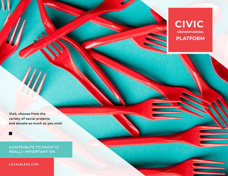 Crowdfunding Platform Ad with Red Plastic Tableware Flyer 8.5x11in Horizontal Design Template