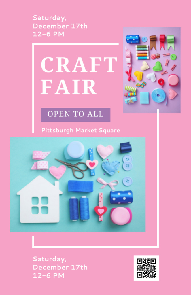 Designvorlage Craft Fair Announcement With Needlework Tools In Pink für Invitation 5.5x8.5in