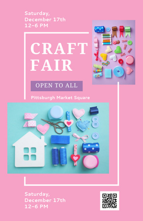 Anúncio da feira de artesanato com ferramentas de bordado em rosa Invitation 5.5x8.5in Modelo de Design