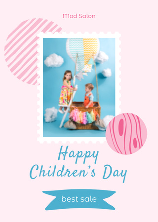 Children's Day Greeting With Kids In Balloon Postcard A6 Vertical Tasarım Şablonu