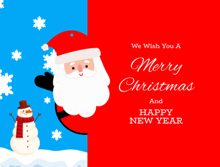 Platilla de diseño Christmas and New Year Wishes with Cute Santa and Snowman Postcard 4.2x5.5in