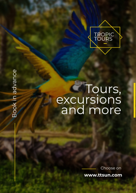 Exotic Tours Ad with Blue Macaw Parrot Flyer A7 Design Template