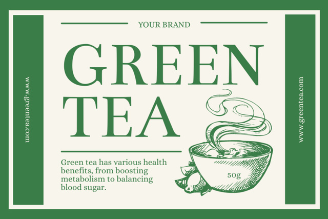 Green Tea Cup And Benefits Description Label Modelo de Design
