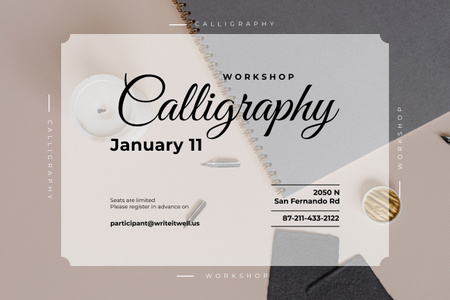Calligraphy Workshop Event Announcement with Notebook Poster 24x36in Horizontal Design Template