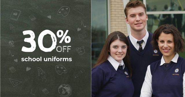 School Uniforms Discount Offer with Students Facebook AD Modelo de Design