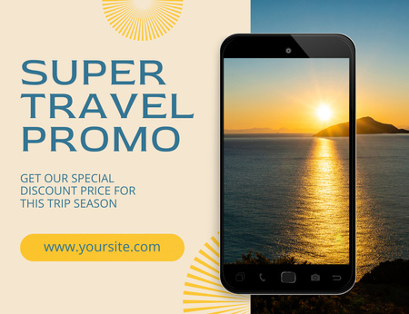 Ontwerpsjabloon van Thank You Card 5.5x4in Horizontal van Super Travel Promo met foto bij zonsondergang op smartphone