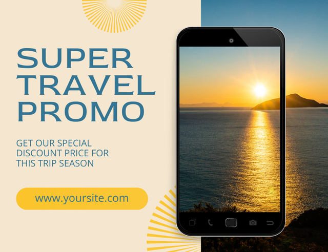 Promo of Super Travel with View of Sunset on Smartphone Thank You Card 5.5x4in Horizontal Tasarım Şablonu