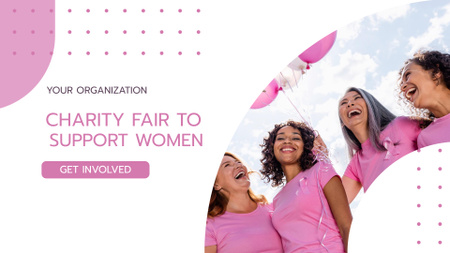 Благодійний ярмарок з усміхненими жінками в рожевих футболках FB event cover – шаблон для дизайну