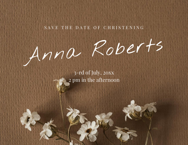 Christening Announcement With Tender Dried Flowers Invitation 13.9x10.7cm Horizontal Design Template