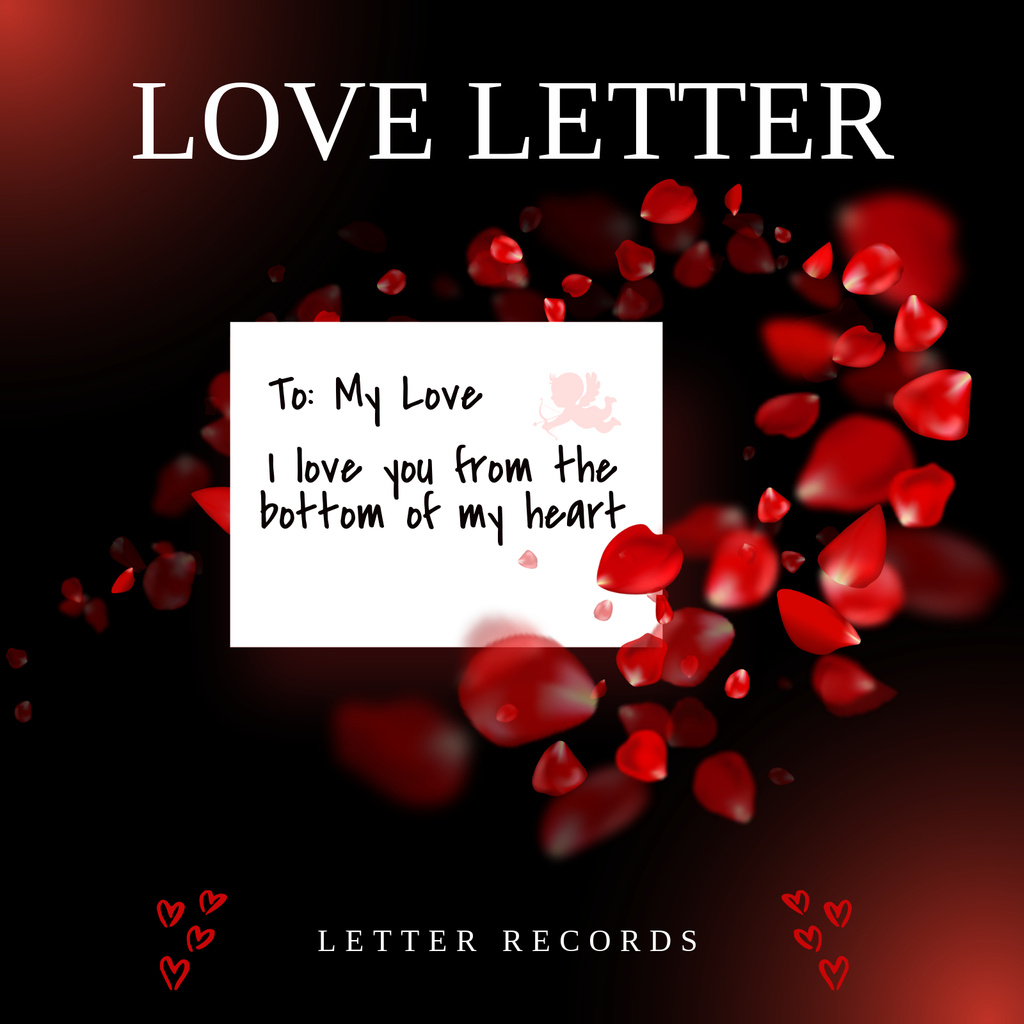 Romantic note surrounded with red petals and white text on dark background Album Cover Πρότυπο σχεδίασης