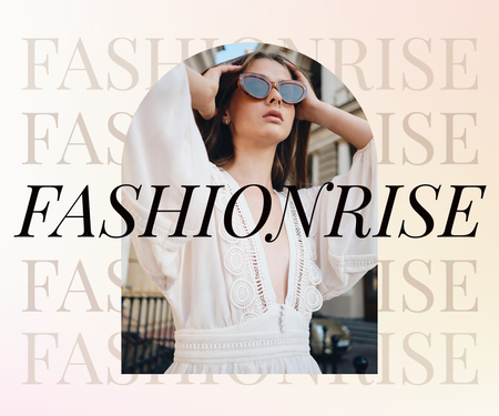 Designvorlage Modeverkauf mit stilvoller Frau in Weiß für Large Rectangle