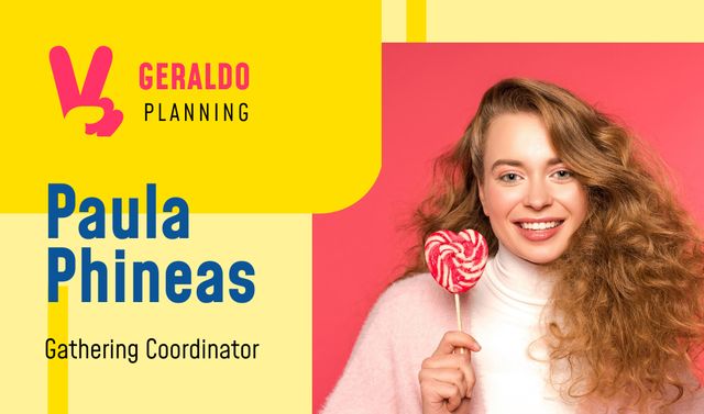 Gathering Coordinator Contacts Girl with Lollipop Business card Modelo de Design