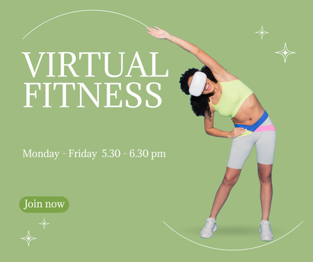 Ontwerpsjabloon van Facebook van Virtuele fitnessadvertentie met vrouw die oefeningen doet in VR-bril