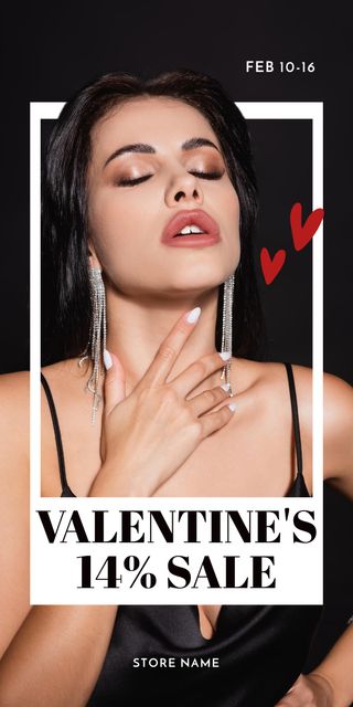 Valentine's Day Sale Announcement with Beautiful Brunette in Black Graphicデザインテンプレート