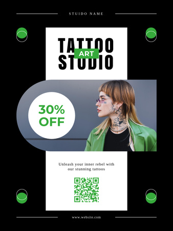 Plantilla de diseño de Servicio de estudio de tatuajes de arte con descuento en negro Poster US 