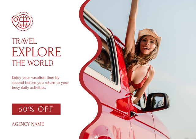Platilla de diseño Trip Discount Offer with Happy Woman Traveling in Red Car Card