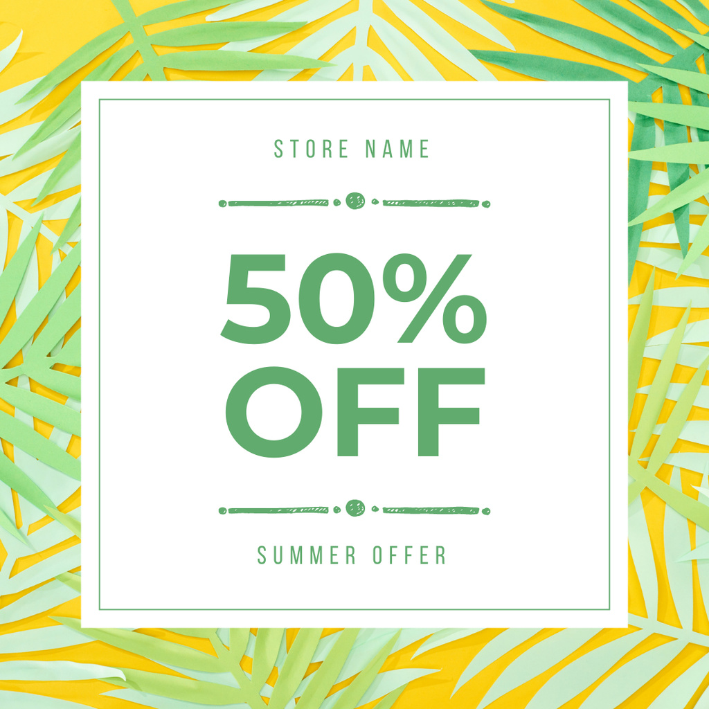 Summer Offer with Tropical Palm Leaves Instagram Design Template