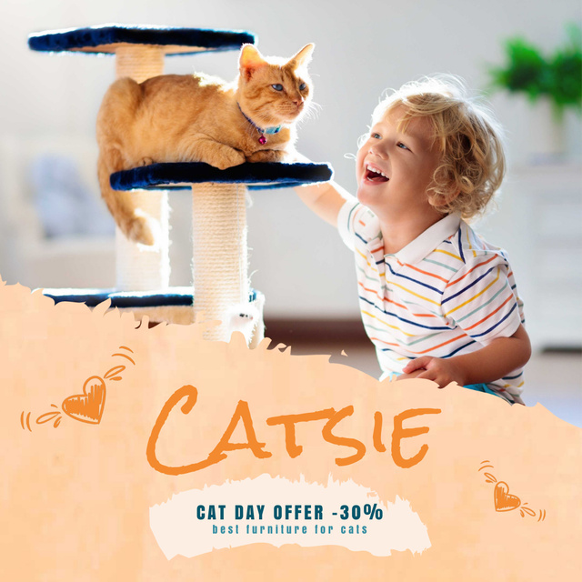 Cat Day Offer with Child Playing with Red Cat Animated Post Tasarım Şablonu