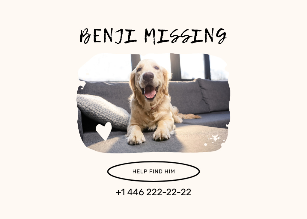 Designvorlage Domestic Retriever Dog Missing Notice für Flyer 5x7in Horizontal