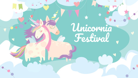 Bright Festival Announcement with Cute Unicorns FB event cover Design Template