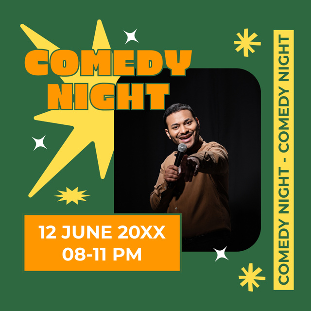 Comedy Night Event with Smiling Performer on Stage Podcast Cover Design Template