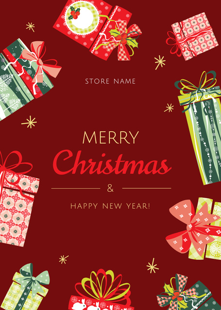 Designvorlage Christmas And New Year Cheers With Colorful Gifts für Postcard A6 Vertical