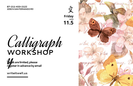 Calligraphy Class Announcement with Watercolor Flowers Flyer 5.5x8.5in Horizontal Design Template