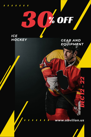 Sports Equipment Sale with Man Playing Hockey Pinterest Design Template