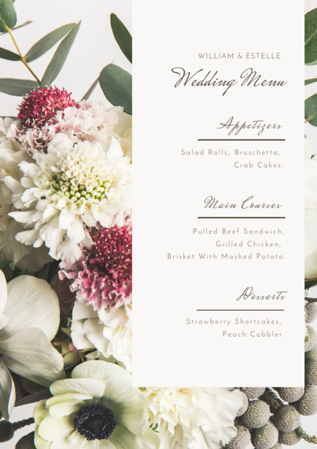 Wedding Dishes List on Bouquet of Flowers Menu Šablona návrhu