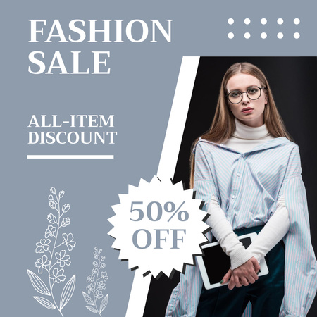 Fashion Ad with Stylish Woman with Tablet Instagram Design Template
