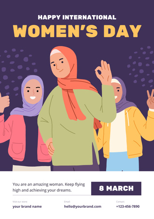 International Women's Day Greeting with Smiling Muslim Women Poster Design Template