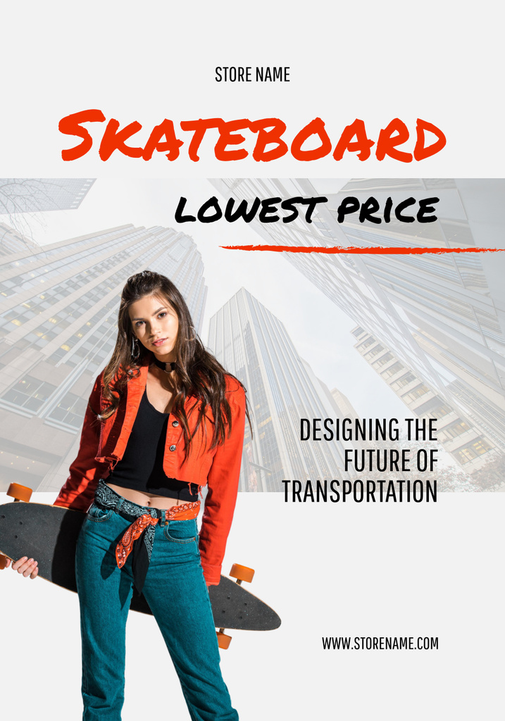 Platilla de diseño Skateboard Sale Announcement with Beautiful Woman Poster 28x40in