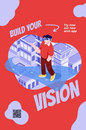 Illustration of Man in Virtual Reality Glasses on Red Postcard 4x6in Vertical Design Template